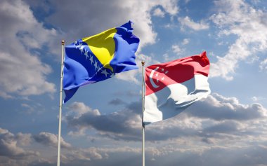Singapur ve Bosna-Hersek 'in güzel ulusal bayrakları gökyüzü arka planında birlikte. 3B sanat eseri konsepti.