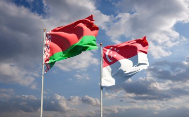 Singapur ve Belarus 'un güzel ulusal bayrağı gökyüzü arka planında birlikte. 3B sanat eseri konsepti.