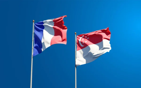 Belle Bandiere Nazionali Stato Francia Singapore Insieme Sullo Sfondo Del — Foto Stock