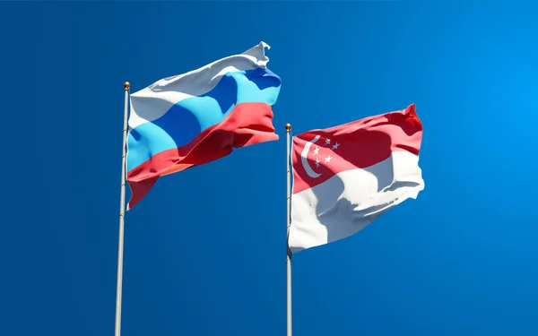 Hermosas Banderas Estatales Nacionales Nueva Rusia Singapur Juntas Fondo Del —  Fotos de Stock