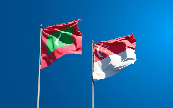 Gyönyörű Nemzeti Zászlók Maldív Szigetek Szingapúr Együtt Hátterében Művészeti Koncepció — Stock Fotó