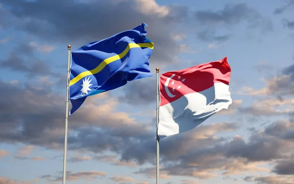 Krásné Národní Vlajky Nauru Singapuru Společně Pozadí Oblohy Koncept Uměleckých — Stock fotografie