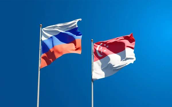 Тлі Неба Стоять Прекрасні Державні Прапори Росії Сінгапуру Артхаус — стокове фото