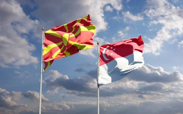 Hermosas Banderas Estatales Nacionales Macedonia Del Norte Singapur Juntas Fondo — Foto de Stock