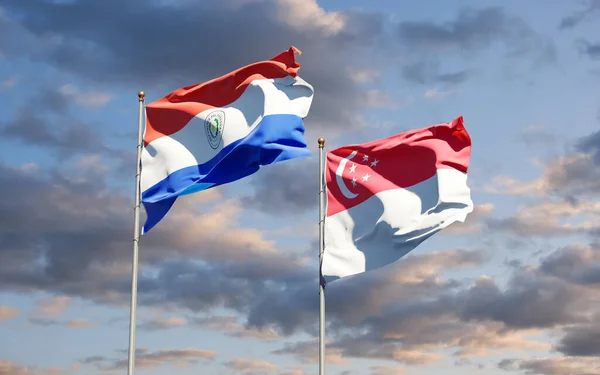 Hermosas Banderas Estatales Nacionales Paraguay Singapur Juntas Fondo Del Cielo —  Fotos de Stock