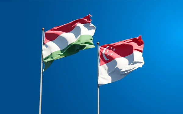 Тлі Неба Стоять Прекрасні Державні Прапори Угорщини Сінгапуру Артхаус — стокове фото