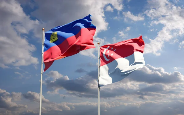 Vackra Nationella Flaggor Liechtenstein Och Singapore Tillsammans Himlen Bakgrund Konstverkskoncept — Stockfoto