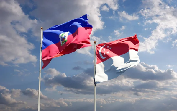 Hermosas Banderas Estatales Nacionales Haití Singapur Juntas Fondo Del Cielo —  Fotos de Stock