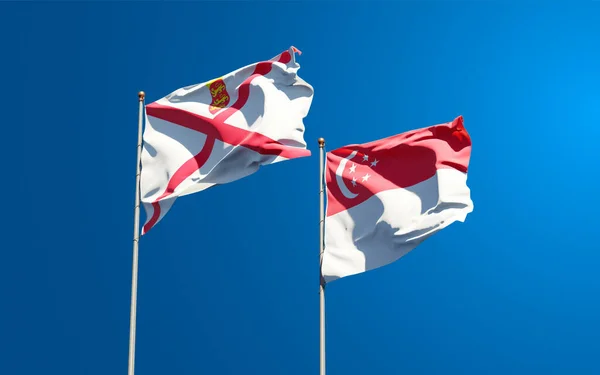 Belas Bandeiras Estaduais Nacionais Jersey Singapura Juntas Fundo Céu Conceito — Fotografia de Stock