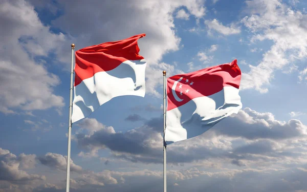 Hermosas Banderas Estatales Nacionales Indonesia Singapur Juntas Fondo Del Cielo — Foto de Stock