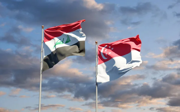 美丽的伊拉克和新加坡国旗在天空的背景下齐聚一堂 3D艺术品概念 — 图库照片