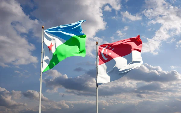 Belas Bandeiras Estatais Nacionais Djibuti Singapura Juntas Fundo Céu Conceito — Fotografia de Stock
