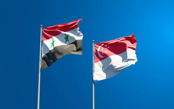 空の背景で一緒にシリアとシンガポールの美しい国家旗 3Dアートワークコンセプト — ストック写真