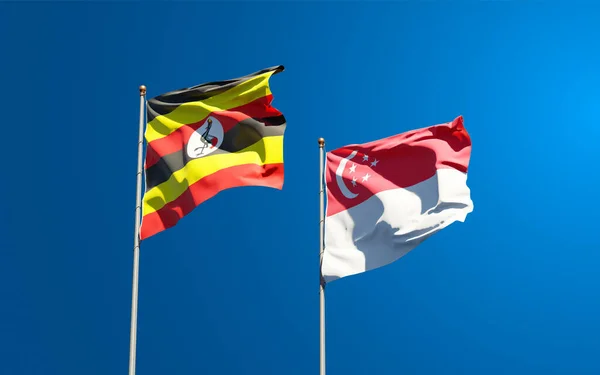 Hermosas Banderas Estatales Nacionales Uganda Singapur Juntas Fondo Del Cielo — Foto de Stock