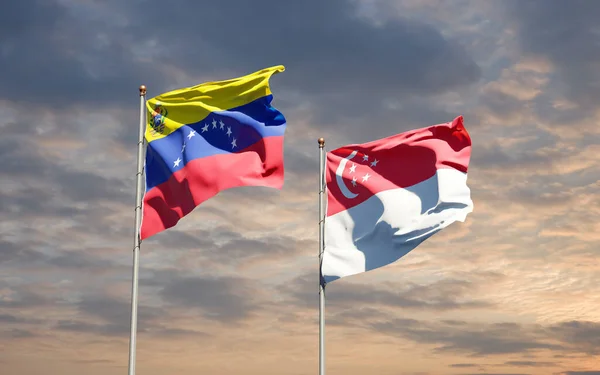 Vackra Nationella Flaggor Venezuela Och Singapore Tillsammans Himlen Bakgrund Konstverkskoncept — Stockfoto