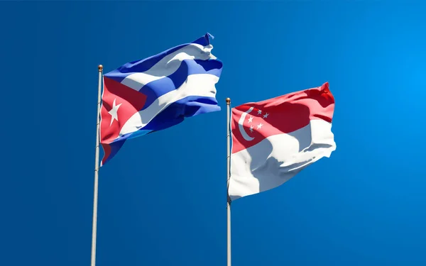 Belle Bandiere Nazionali Stato Singapore Cuba Insieme Sullo Sfondo Del — Foto Stock