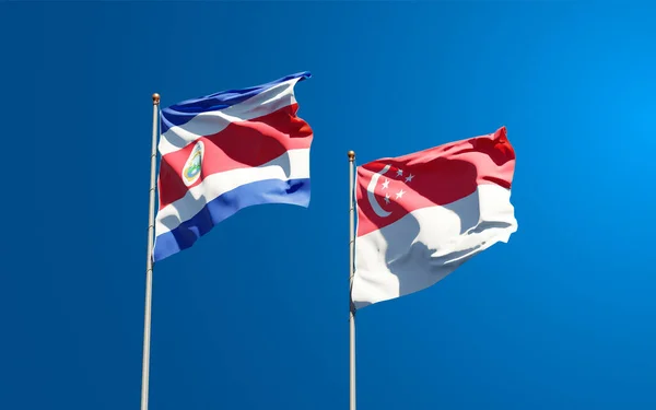 Piękne Flagi Państwowe Singapuru Kostaryki Razem Tle Nieba Koncepcja Grafiki — Zdjęcie stockowe