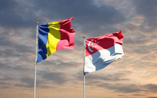 Hermosas Banderas Estatales Nacionales Singapur Chad Juntas Fondo Del Cielo — Foto de Stock