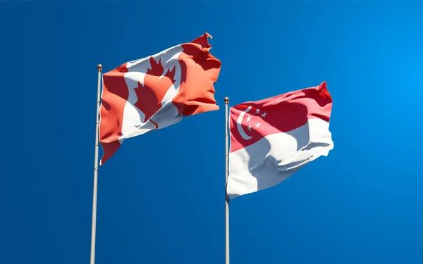 Belle Bandiere Nazionali Stato Singapore Canada Insieme Sullo Sfondo Del — Foto Stock