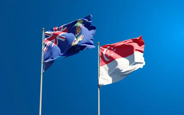 美丽的新加坡国旗和开曼群岛国旗在天空的背景下交相辉映 3D艺术品概念 — 图库照片