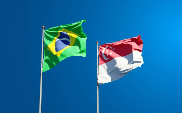 Beautiful National State Flags Singapore Brasil Together Sky Background Artwork — Stock Photo, Image