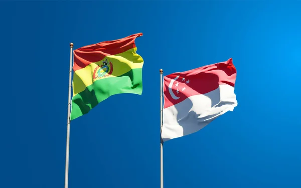 Hermosas Banderas Estatales Nacionales Singapur Bolivia Juntas Fondo Del Cielo — Foto de Stock