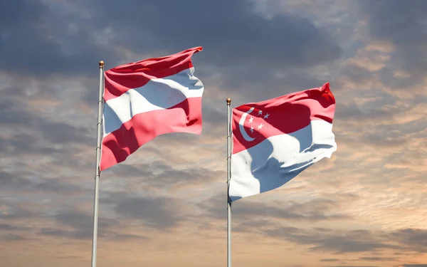 Hermosas Banderas Estatales Nacionales Singapur Austria Juntas Fondo Del Cielo — Foto de Stock