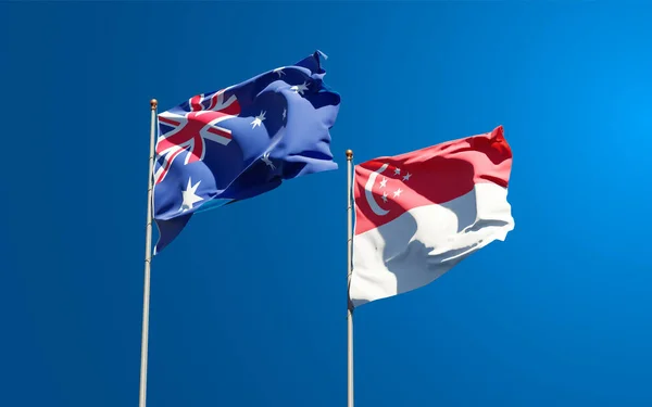 美丽的新加坡国旗和澳大利亚国旗在天空的背景下相映成趣 3D艺术品概念 — 图库照片