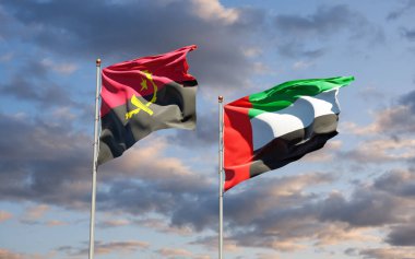 Birleşik Arap Emirlikleri ve Angola 'nın güzel ulusal bayrağı gökyüzü arka planında birlikte. 3B sanat eseri konsepti.