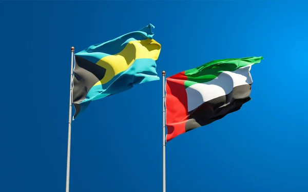 Belas Bandeiras Nacionais Dos Emirados Árabes Unidos Bahamas Juntas Fundo — Fotografia de Stock