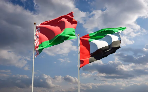 Gyönyörű Nemzeti Zászlók Egyesült Arab Emírségek Fehéroroszország Együtt Hátterében Művészeti — Stock Fotó