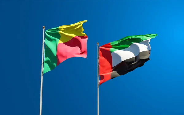 Hermosas Banderas Estatales Nacionales Emiratos Árabes Unidos Benín Juntos Fondo —  Fotos de Stock