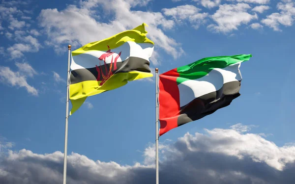 美丽的阿拉伯联合酋长国国旗和文莱国旗在天空的背景下连成一片 3D艺术品概念 — 图库照片