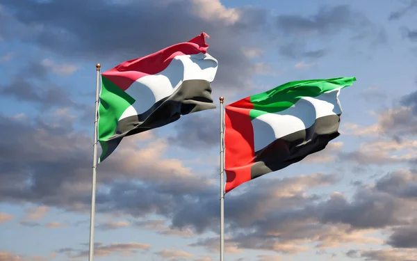 Gyönyörű Nemzeti Zászlók Szudán Egyesült Arab Emírségek Egyesült Arab Emírségek — Stock Fotó