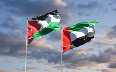 Ürdün ve BAE Birleşik Arap Emirlikleri 'nin güzel ulusal bayrağı gökyüzü arka planında birlikte. 3B sanat eseri konsepti.