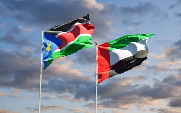 Hermosas Banderas Estatales Nacionales Sudán Del Sur Emiratos Árabes Unidos — Foto de Stock