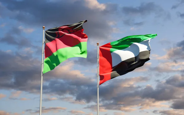 美丽的马拉维国旗和阿拉伯联合酋长国国旗在天空的背景下共同飘扬 3D艺术品概念 — 图库照片