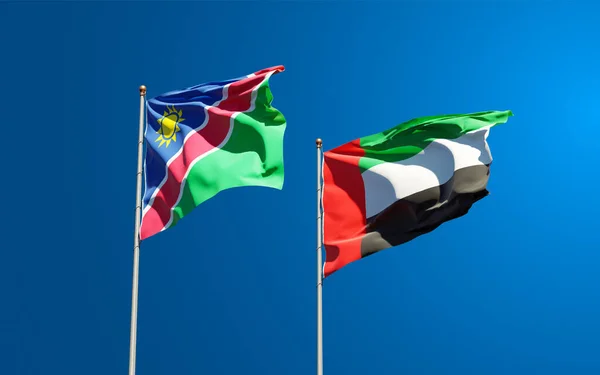Belas Bandeiras Estatais Nacionais Namíbia Emirados Árabes Unidos Juntas Fundo — Fotografia de Stock
