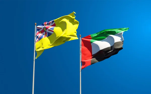 Belas Bandeiras Estaduais Nacionais Niue Emirados Árabes Unidos Juntas Fundo — Fotografia de Stock