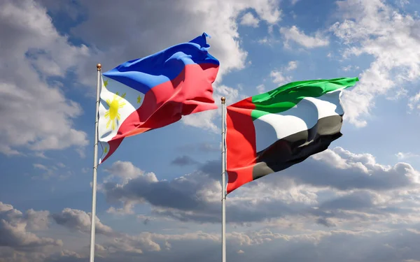 Filipinler 'in güzel ulusal bayrağı ve BAE Birleşik Arap Emirlikleri gökyüzü arka planında birlikte. 3B sanat eseri konsepti.