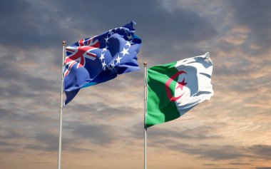 Cezayir ve Cook Adası 'nın güzel ulusal bayrakları gökyüzü arka planında birlikte. 3B sanat eseri konsepti.