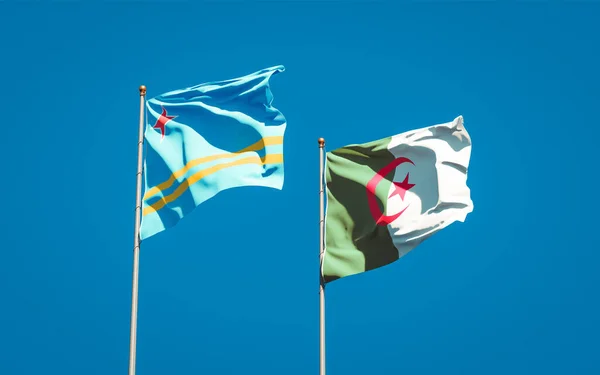 Hermosas Banderas Nacionales Argelia Aruba Juntas Fondo Del Cielo Concepto — Foto de Stock
