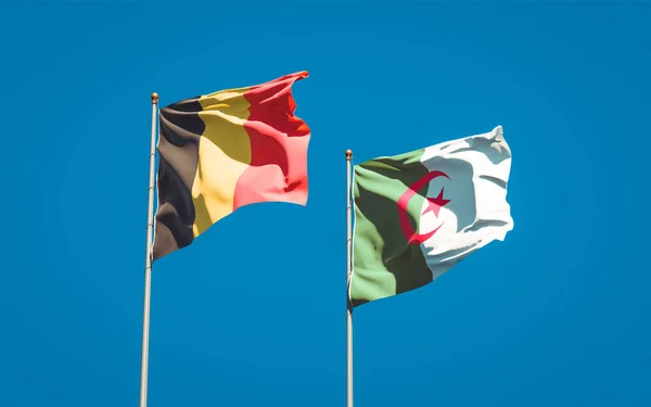 美丽的阿尔及利亚和比利时国旗在天空的背景下并立在一起 3D艺术品概念 — 图库照片