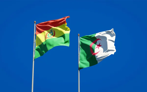 Hermosas Banderas Nacionales Argelia Bolivia Juntas Fondo Del Cielo Concepto — Foto de Stock