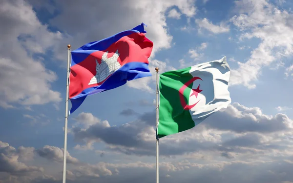 Prachtige Nationale Staatsvlaggen Van Algerije Cambodja Samen Achtergrond Kunstwerkconcept — Stockfoto