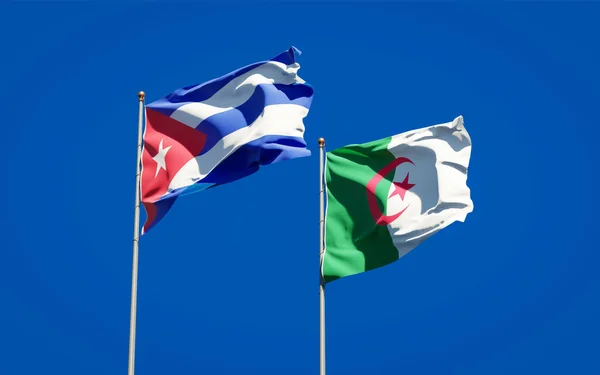 Belas Bandeiras Nacionais Estado Argélia Cuba Juntas Fundo Céu Conceito — Fotografia de Stock