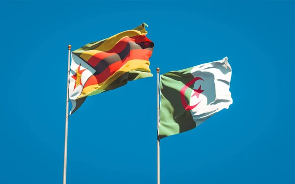 Belas Bandeiras Nacionais Estado Zimbabué Argélia Juntas Fundo Céu Conceito — Fotografia de Stock