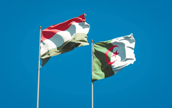 Belas Bandeiras Estatais Nacionais Hungria Argélia Juntas Fundo Céu Conceito — Fotografia de Stock