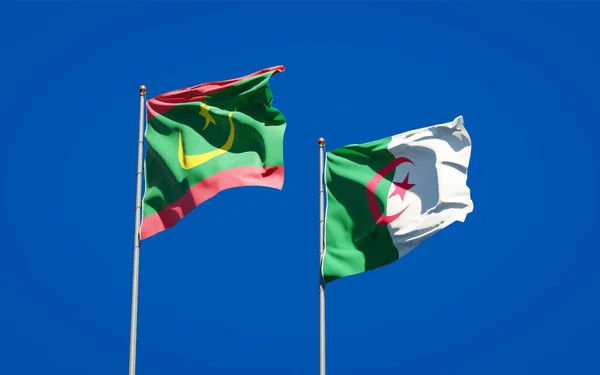 Belas Bandeiras Nacionais Mauritânia Argélia Juntas Fundo Céu Conceito Arte — Fotografia de Stock