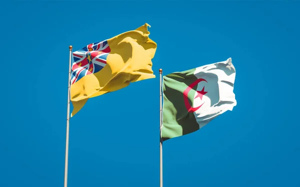 Lindas Bandeiras Estatais Nacionais Niue Argélia Juntas Fundo Céu Conceito — Fotografia de Stock